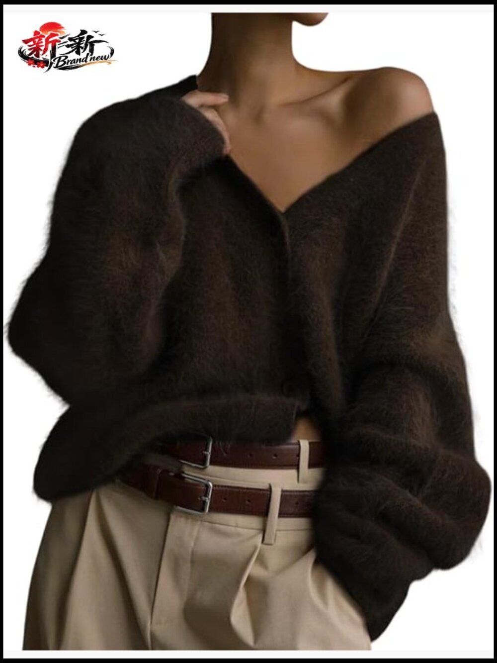V Neck Fuzzy Knit Cardigan Sweater Button Down Slouchy Long Sleeve